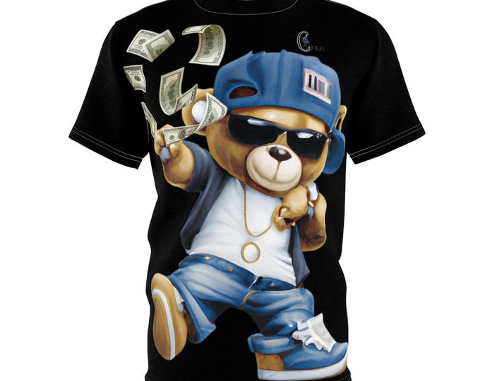 Vibrant Abstract Art T-Shirt | Original Design with Artist Logo, Unisex Tee, Urban Style, Bear Graphic Tee, Money Print Shirt, Colorful