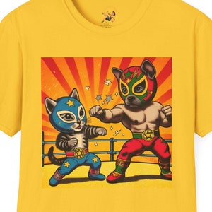 T-shirt cartoon worstelen katten, leuk grafisch T-shirt, uniseks vrijetijdskleding, cadeau voor kattenliefhebbers, puppyhondenliefhebbers, Lucha Libre