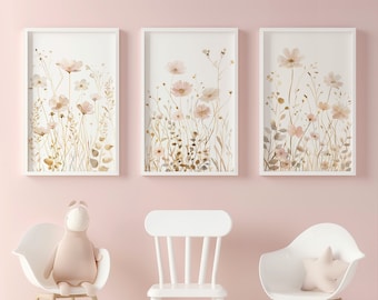 Pink Wildflower Printable Art Boho Nursery Wall Art Soft Pink Gold Beige Wildflower Nursery Decor Botanical Digital Download Floral Nursery