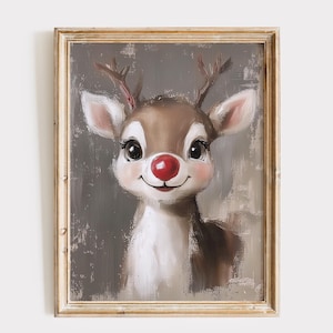 Printable Vintage Rudolph Reindeer Oil Painting, Rustic Christmas ...