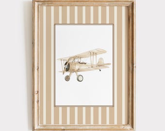Vintage Airplane Nursery Wall Art Biplane Printable Art Aviation Nursery Decor Neutral Beige Plane Print