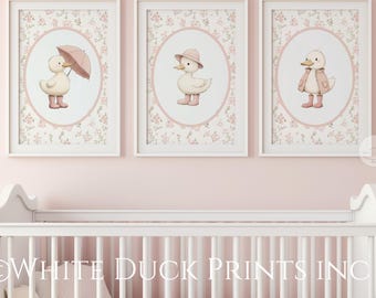 Set of 3 Duck Nursery Wall Art | Pink Nursery Decor Floral Baby Girl Duckling Prints | White Duck Printable Art | Kids Room Wall Art