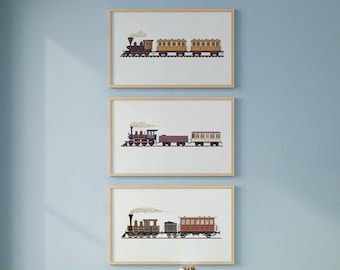 Lot de 3 affiches de train | Art mural imprimable locomotive | Décoration de transport pour chambre de garçon | Décoration murale train | Art vintage de locomotive à vapeur de train