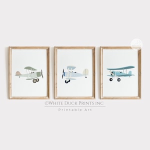 Juego de 3 impresiones de acuarela de aviones vintage para guardería, decoración de pared de biplano para bebé, viajes de aviación, descarga digital