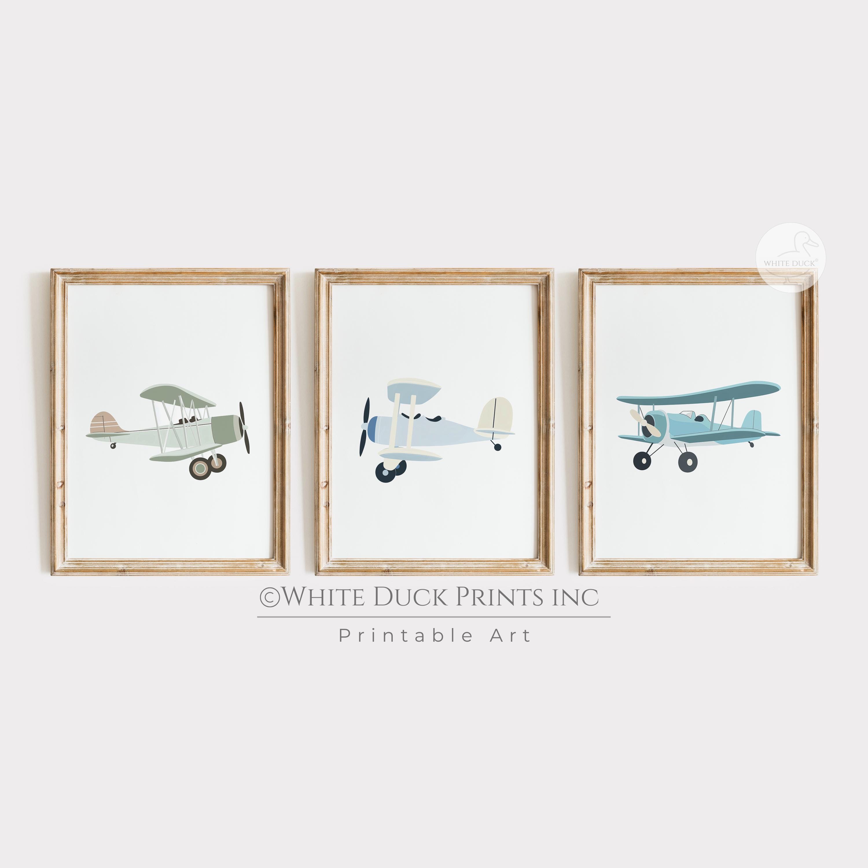 Vintage avion pour chambre d'enfant, lot de 3 impressions d'avions aquarelles, voyage en aviation, décoration de chambre de bébé garçon, biplan, art mural en téléchargement numérique