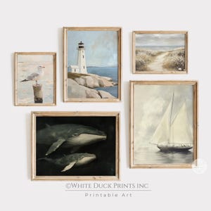 Vintage Coastal Gallery Wall Set Seaside Printable Wall Art Beach House Decor Nautical Print Whale Sailboat Lighthouse Seagull Printable Art