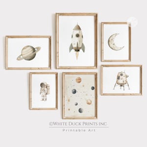 Outer Space Nursery Prints Set of 6, Playroom Space Poster Neutral Rocket Astronaut Moon Saturn Moon Lander Solar System Wall Art Printables