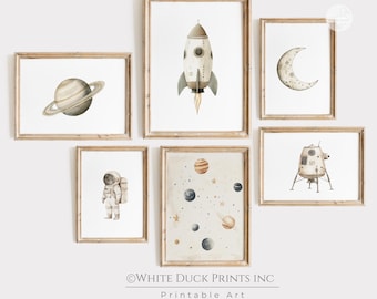 Outer Space Nursery Prints Set of 6, Playroom Space Poster Neutral Rocket Astronaut Moon Saturn Moon Lander Solar System Wall Art Printables