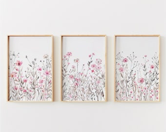 Pink Wildflower Nursery Art Prints | Boho Floral Decor (Digital Download)