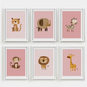 Safari Kinderzimmer Wanddrucke 6er Set | Rosa Safari Animal Prints | Blush rosa Boho Safari Dekor | Dschungel Kinderzimmer Mädchen Zimmer Dekor