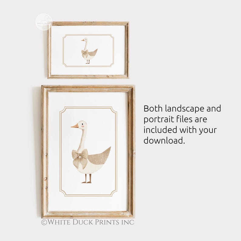May include: Two framed prints with watercolour illustrations of geese. The geese have tan bodies, cream necks, and tan bows. The light brown frames have a decorative border. The text "WHITE DUCK PRINTS INC" is at the bottom. The text "Both landscape and portrait files are included with your download."