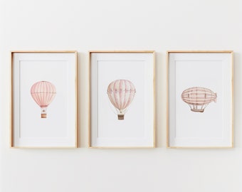 Roze kinderkamerprints heteluchtballon | Vintage reiskunst aan de muur (digitale download)