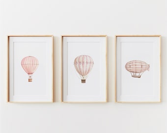 Set of 3 Pink Hot Air Balloon Nursery Prints | Vintage Nursery Decor | Printable Travel Wall Art | Girl Nursery Decor | Kids Room Decor