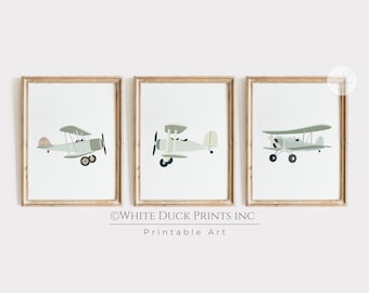 Set di 3 stampe ad acquerello di aerei vintage per la cameretta dei bambini, tema aviazione e viaggi, colore verde, per neonati e bambini, decorazione murale, download digitale S12