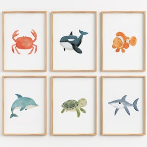 Juego de 6 láminas para guardería de animales marinos / Arte de pared para guardería con temática marina / Criaturas submarinas: tiburón martillo, tortuga, cangrejo, delfín, ballena, pez