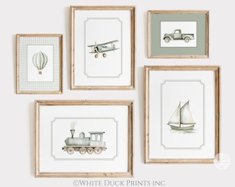 Sage Green Travel Boy Nursery Wall Art | Vintage Truck Hot Air Balloon Boat Plane Train Print Transportation Nursery Decor Gallery Set of 5