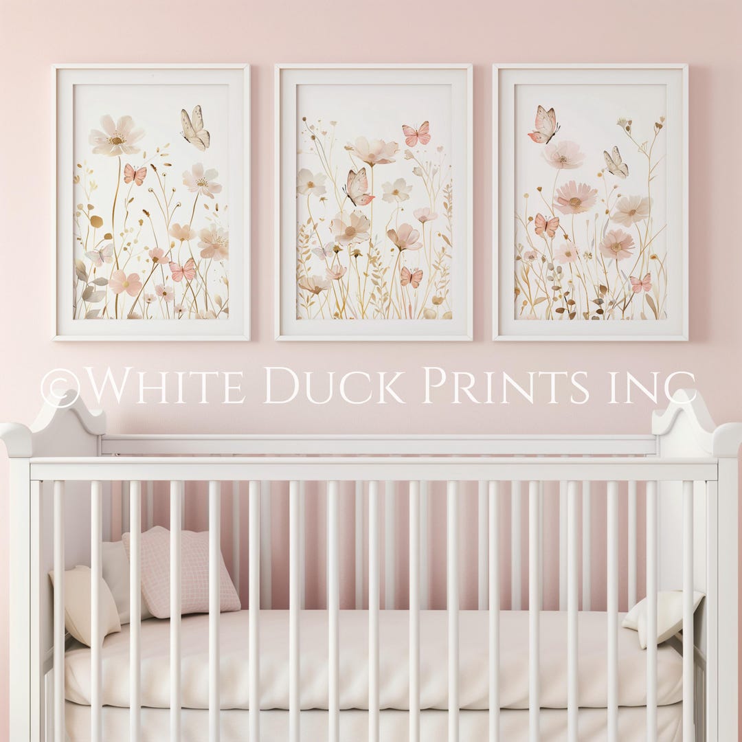 Wildflower Printable Art Butterfly Pink Boho Nursery Wall Art Pink Gold ...
