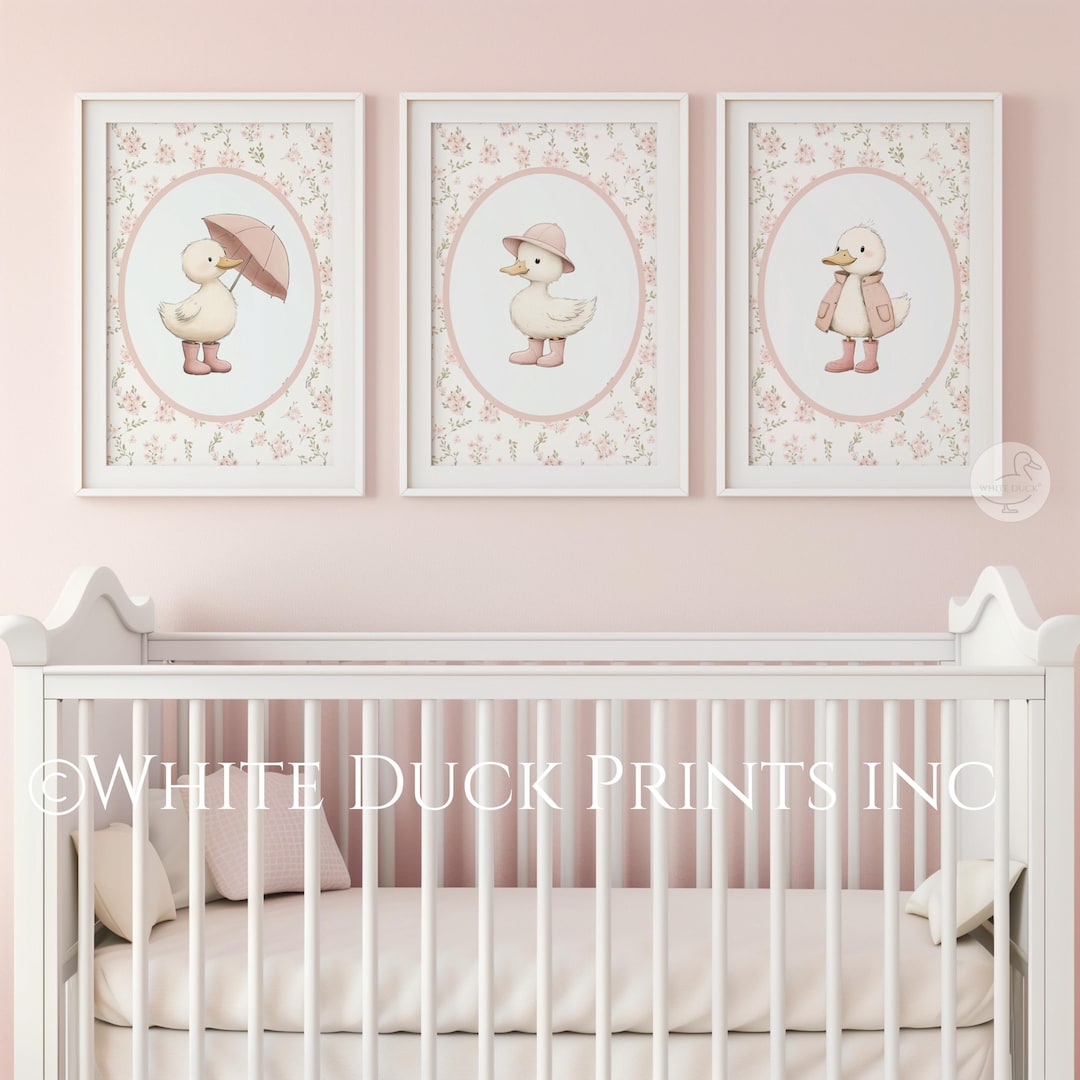 Set of 3 Duck Nursery Wall Art | Pink Nursery Decor Floral Baby Girl ...