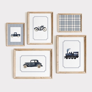 Transportation Boy Nursery Wall Art Navy Blue Vintage Car Motorbike Train Truck Prints Travel Vintage Nursery Decor Vintage Gallery Set of 5