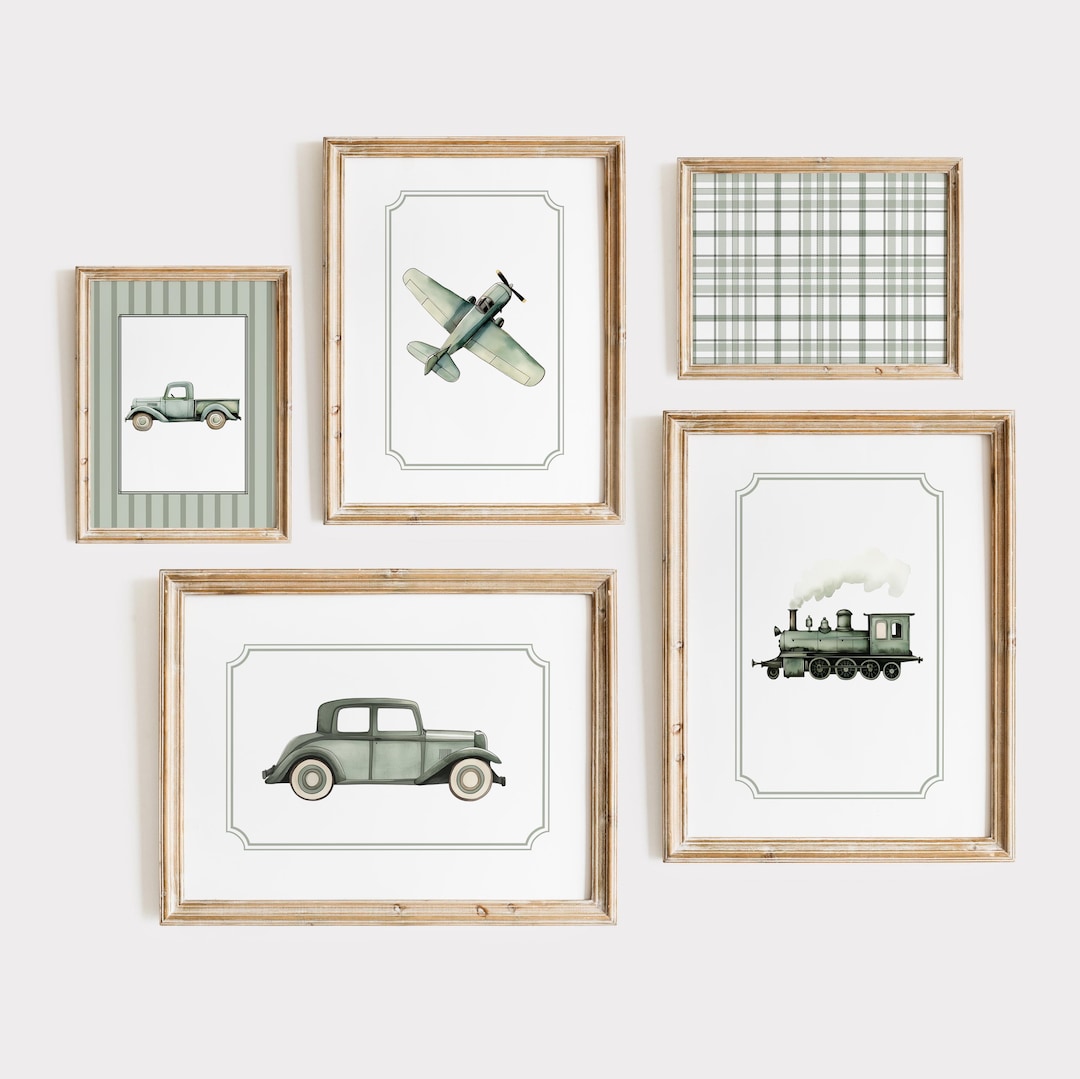 Sage Green Transportation Boy Nursery Wall Art | Vintage Car Plane ...