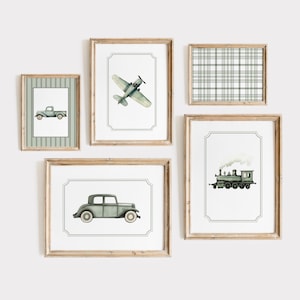 Sage Green Transportation Boy Nursery Wall Art | Vintage Car Plane Train Truck Prints Travel Vintage Nursery Decor Vintage Gallery Set of 5