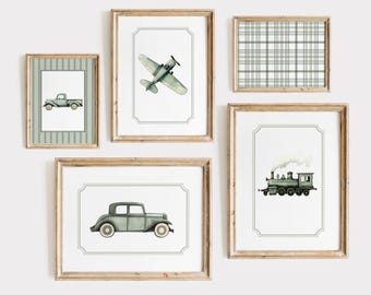 Sage Green Transportation Boy Nursery Wall Art | Vintage Car Plane Train Truck Prints Travel Vintage Nursery Decor Vintage Gallery Set of 5