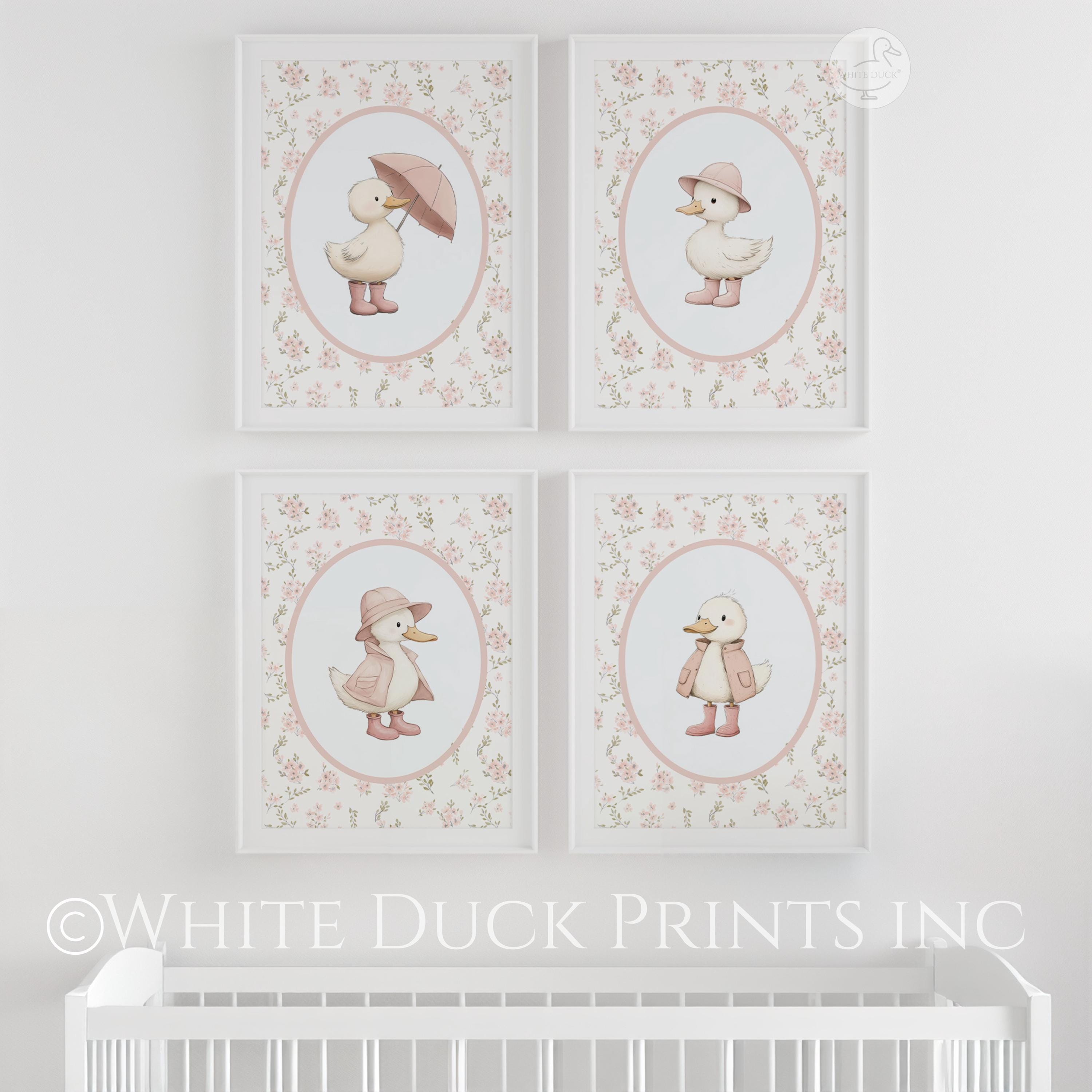 Set of 4 Duck Nursery Wall Art Pink Nursery Decor Floral Baby Girl ...