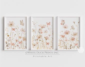 Wildflower Printable Art Butterfly Pink Boho Nursery Wall Art Blush Pink Gold Wildflower Floral Nursery Decor Botanical Girl Room Flower Art