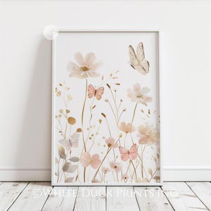 Wildflower Printable Art Butterfly Pink Boho Nursery Wall Art Pink Gold ...