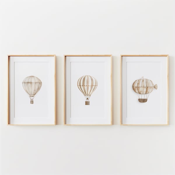 Juego de 3 láminas de globos aerostáticos neutros para habitación infantil, decoración vintage para habitación infantil, arte de pared de viaje imprimible, decoración de género neutro, decoración para habitación infantil.