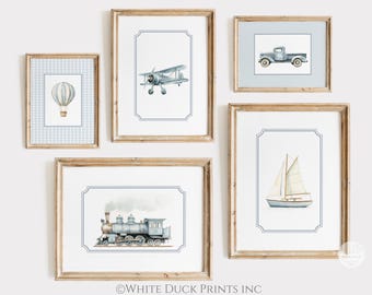 Travel Boy Nursery Wall Art | Blue Vintage Transportation Prints | Boy Room Watercolor Truck Hot Air Balloon Boat Plane Train Prints