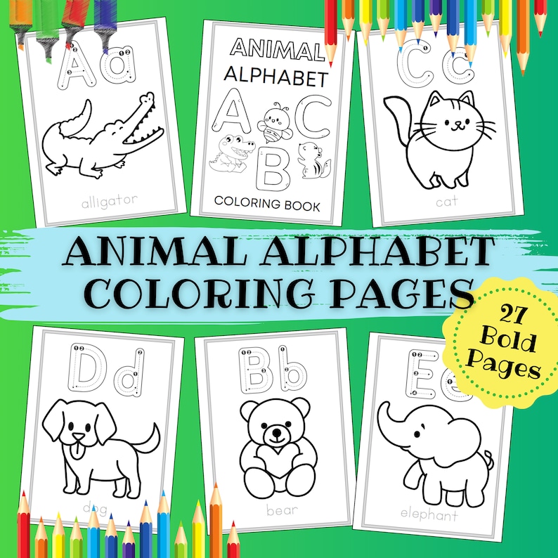 K&ouml;nnte beinhalten: Ein Set mit 27 Malvorlagen mit Tieren und Buchstaben des Alphabets. Jede Seite zeigt eine Schwarzwei&szlig;illustration eines Tieres und des entsprechenden Buchstabens. Der Titel des Sets lautet "Animal Alphabet Coloring Pages".