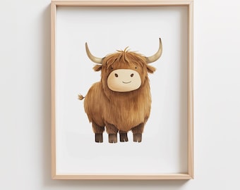 Highland Cow Nursery Wall Art, Brown Highland Cow Kids Room Decor, Farmhouse Highland Cow Poster, Brown Cow Printable Art, Kids Farm Bedroom