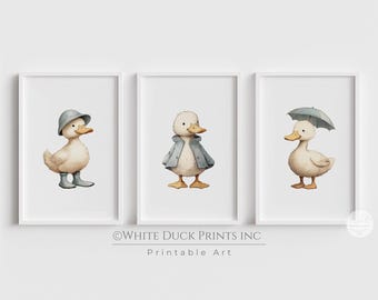 Lot de 3 décorations murales canard pour chambre d'enfant | Décoration de chambre bleu clair | Imprimés canards pour chambre de garçon | Art imprimable de canard blanc | Décoration murale pour chambre d'enfant