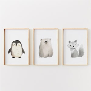 Decoración de vivero ártico / Bebé animales árticos conjunto de 3 arte de pared / Decoración de vivero neutral de género / Oso polar pingüino zorro ártico arte imprimible