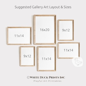 May include: A gallery art layout suggestion with six framed prints of varying sizes. The frames are light brown, and the prints are white. Sizes include 16x20 inches, 11x14 inches, and 9x12 inches. Text at the top reads "Suggested Gallery Art Layout & Sizes."