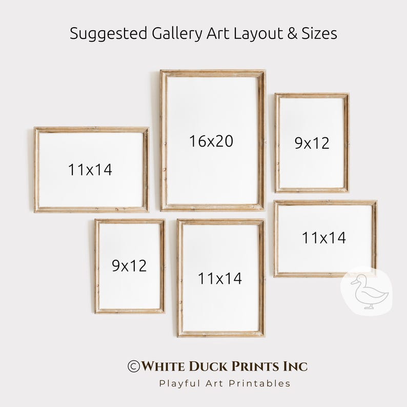 May include: A gallery art layout suggestion with six framed prints of varying sizes. The frames are light brown, and the prints are white. Sizes include 16x20 inches, 11x14 inches, and 9x12 inches. Text at the top reads "Suggested Gallery Art Layout & Sizes."