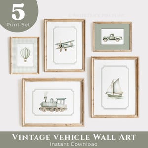 Sage Green Travel Boy Nursery Wall Art | Vintage Truck Hot Air Balloon Boat Plane Train Print Transportation Nursery Decor Gallery Set of 5