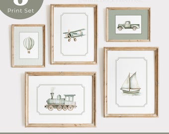 Art mural de voyage vert sauge pour garçon | Vintage camion montgolfière bateau avion Train impression transport chambre d'enfant décoration galerie lot de 5