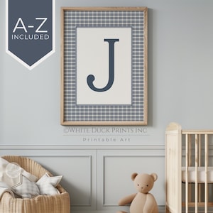 Blue Initial Print Nursery Wall Art Personalized Inital Wall Art Navy Blue Gingham Nursery Decor Monogram Cottagecore Digital Download