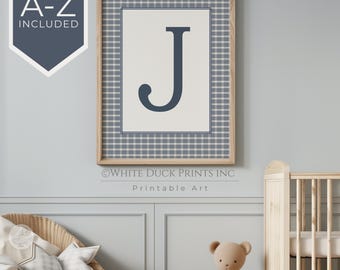 Blue Initial Print Nursery Wall Art Personalized Inital Wall Art Navy Blue Gingham Nursery Decor Monogram Cottagecore Digital Download