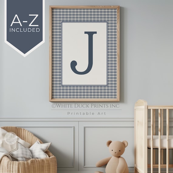 Blue Initial Print Nursery Wall Art Personalized Inital Wall Art Navy Blue Gingham Nursery Decor Monogram Cottagecore Digital Download