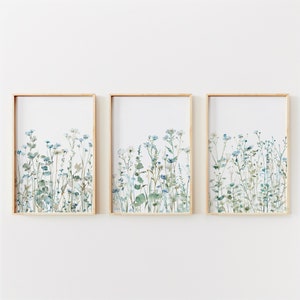 Gravuras de flores silvestres em tons de azul e verde | Decoração boho para quarto de bebê (Download digital)