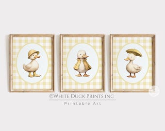 Set of 3 Duck Nursery Wall Art Yellow Gingham Nursery Decor Baby Duckling Prints Gender Neutral Wall Art White Ducks in Rain Boots S10