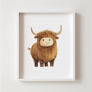 Peut inclure: Une illustration aquarelle d'une vache Highland brune avec une expression amicale. La vache est debout sur un fond blanc.