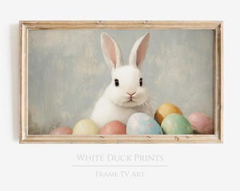Easter Bunny Samsung Frame TV Art, Spring Holiday Painting for Frame TV, Cute Easter Decor Pastel Easter Eggs Spring Rabbit TV Art TVE1
