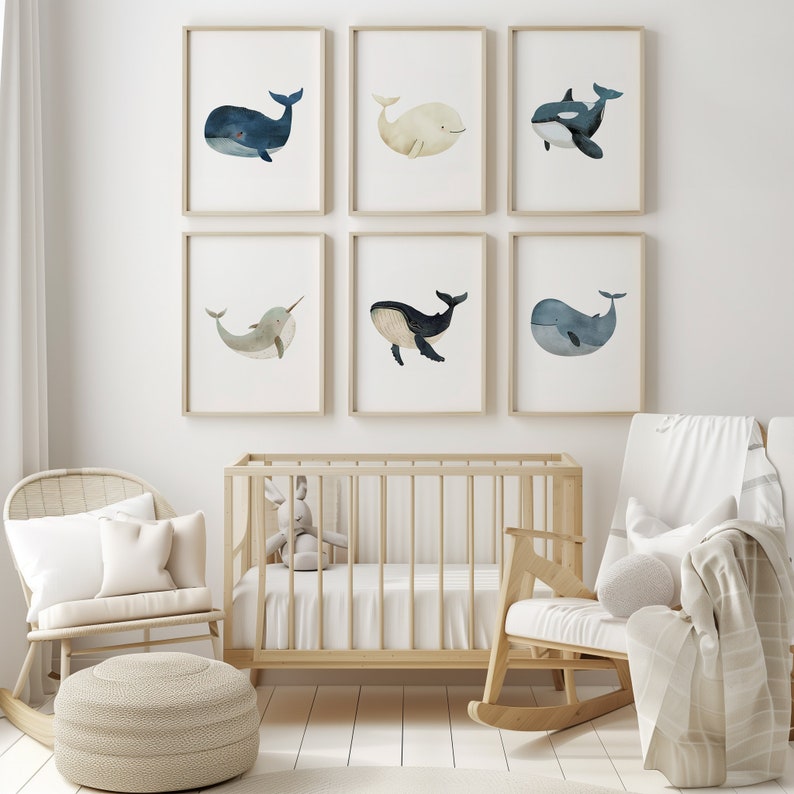 Whale Print Set of 6 | Sea Animals Nursery Prints | Nautical Ocean ...