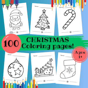 Op de afbeelding: Een verzameling van 100 kerstkleurplaten voor kinderen vanaf 1 jaar, met feestelijke illustraties van de kerstman, kerstbomen, zuurstokken, kerstballen, sleeën en kousen. Elke pagina heeft ruimte voor een naam.