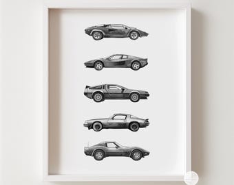 Décoration murale chambre garçon impression voiture classique noir et blanc voiture chambre d'enfant thème véhicule vintage voiture de sport rétro chambre d'enfants art imprimable