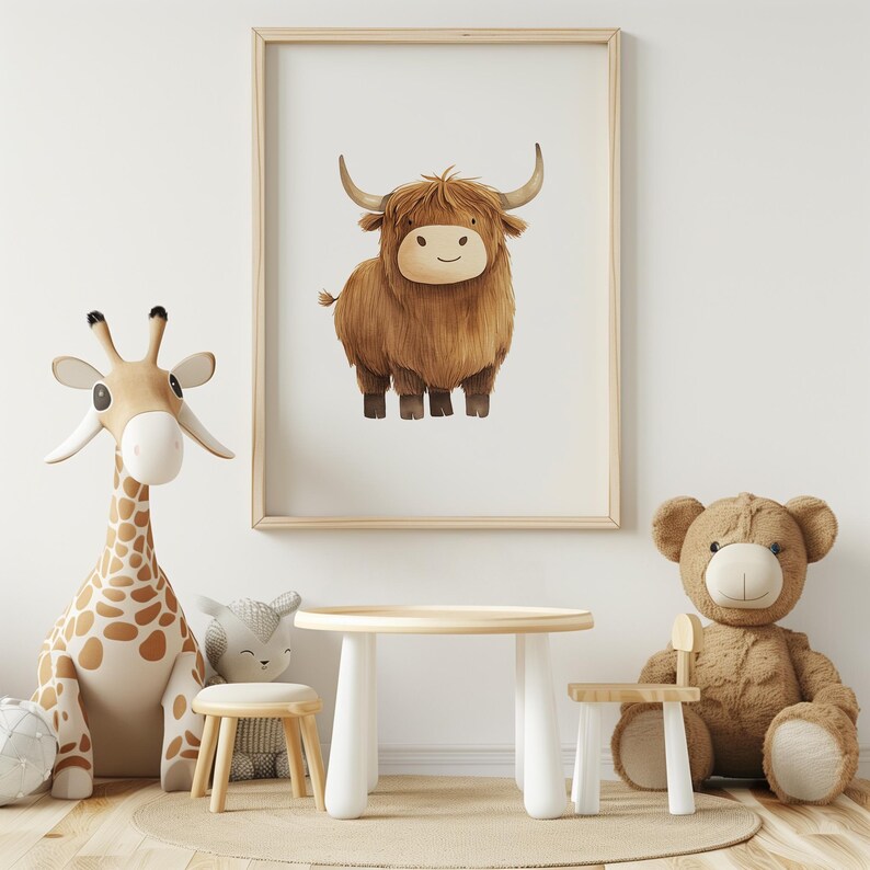 Peut inclure: Une illustration d'une vache &eacute;cossaise brune et blanche dans un cadre en bois, accroch&eacute;e &agrave; un mur blanc. Un animal en peluche de girafe brune et un ours en peluche brun sont au premier plan.